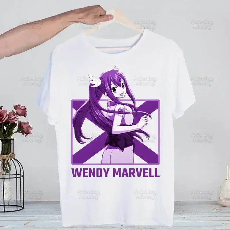 A hip hop style Fairy Tail T-shirt made of cotton featuring anime characters Natsu Dragneel and Lucy Heartfilia.