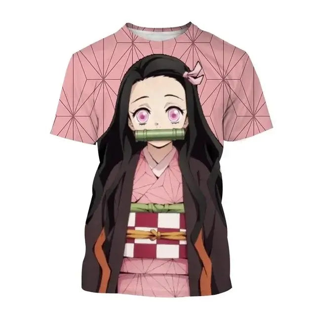A fashion Demon Slayer Nezuko Shinobu T-shirt with a vibrant 3D print of the anime characters.