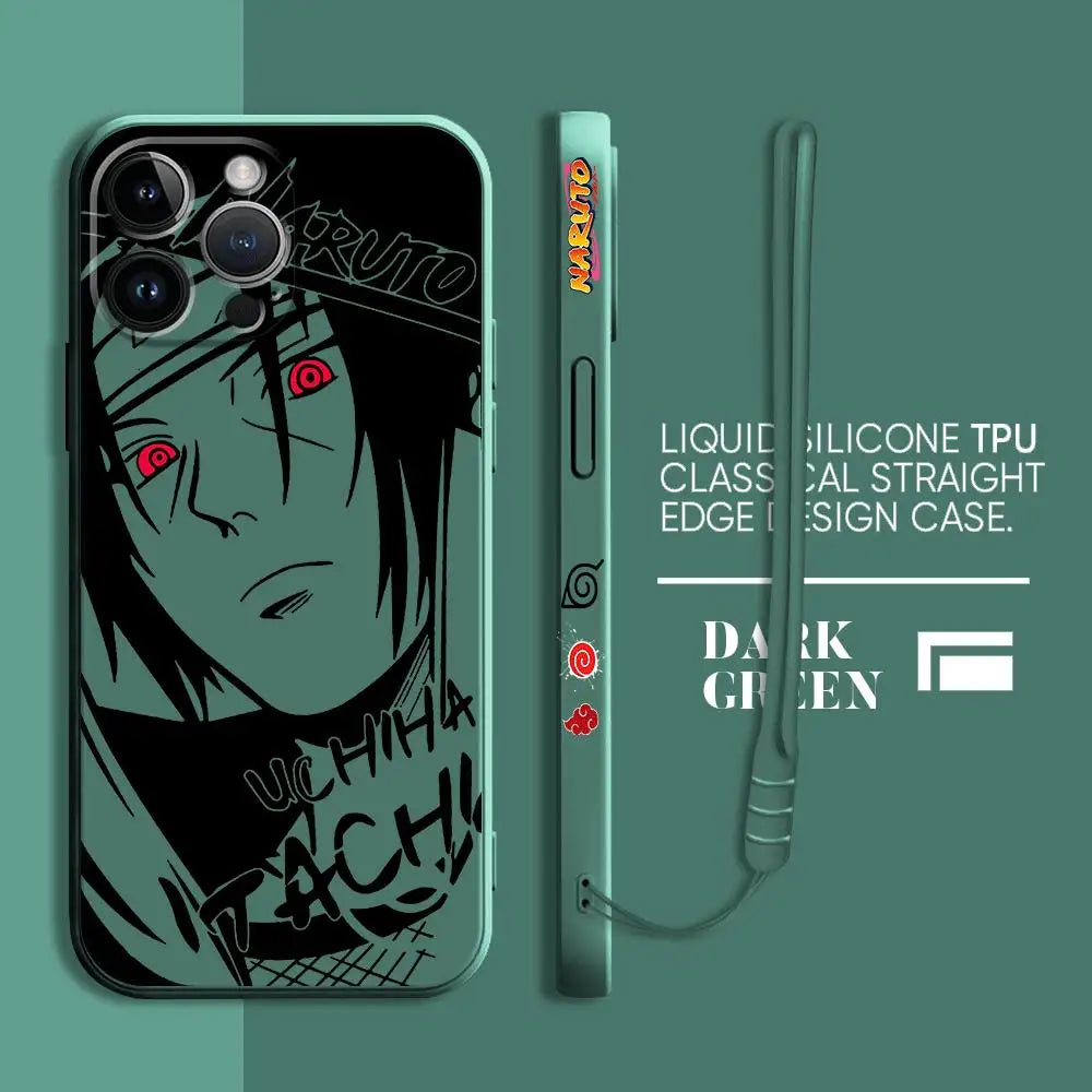 A premium Kakashi Itachi Phone Case featuring square liquid silicone design and anime art for Apple iPhone 15, 14, and 13 Pro Max.