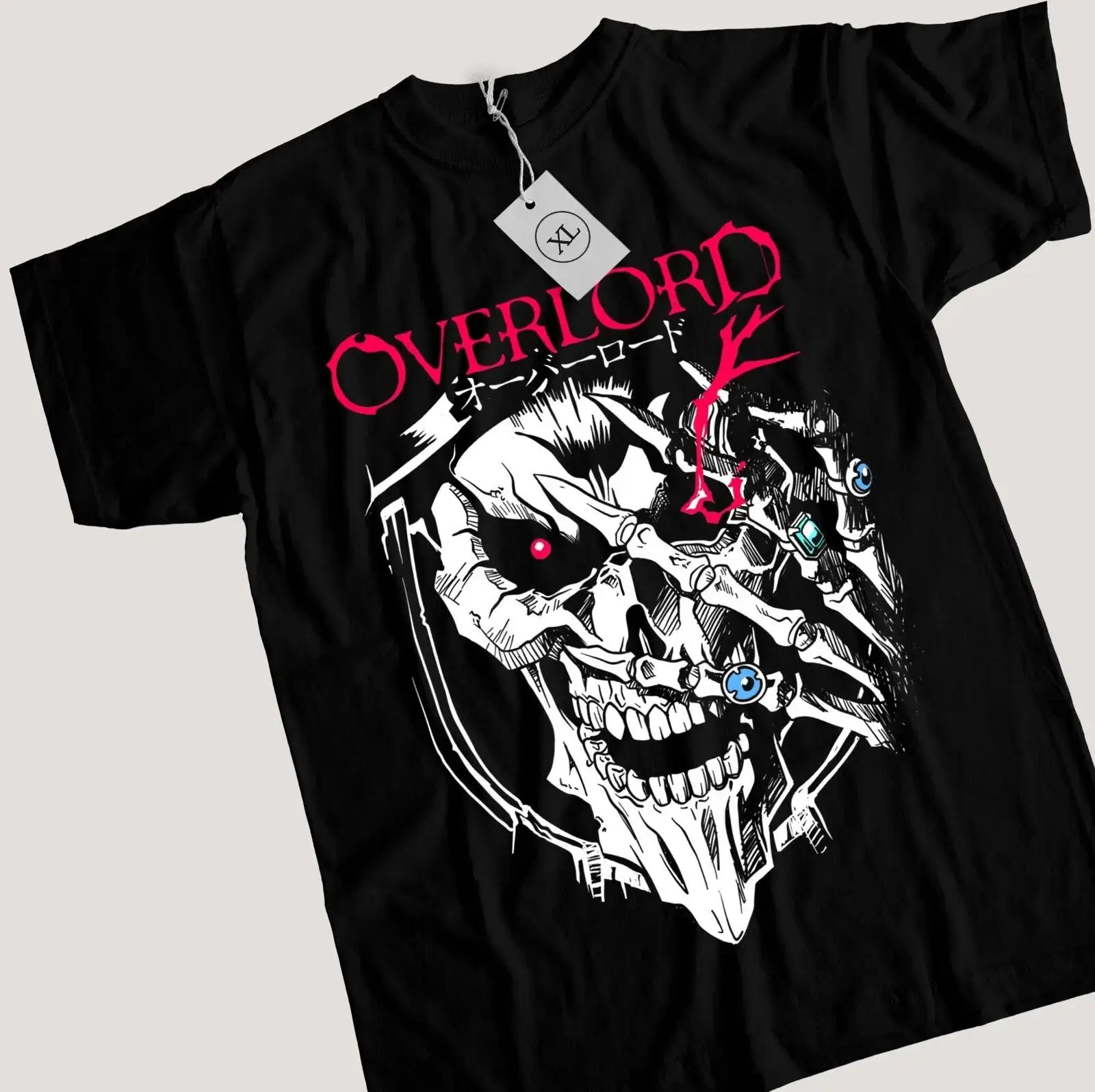 Overlord Ainz T-shirt featuring a detailed skull graphic of Ainz Ooal Gown with Albedo, perfect anime manga gift available in all sizes.