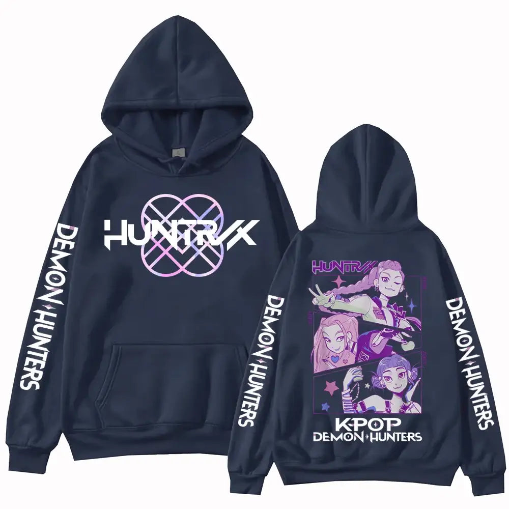 A unisex Autumn Anime Demon Hunters Hoodie in a Y2K Harajuku hip hop style, designed as alphabet sportswear.