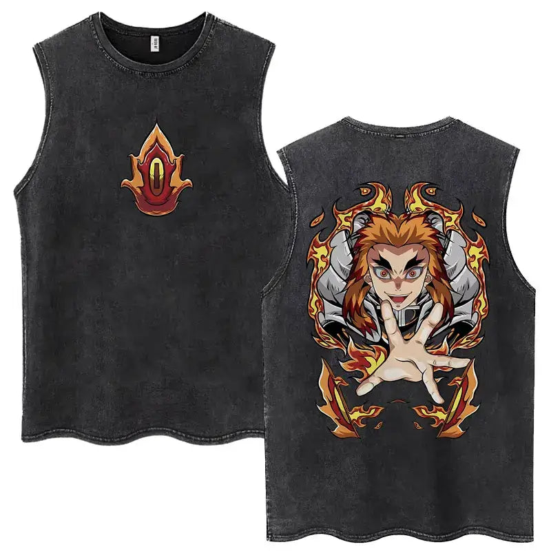 A washed retro Zenitsu Demon Slayer Tank Top featuring Agatsuma Zenitsu manga art, sleeveless cotton summer streetwear for men and women.