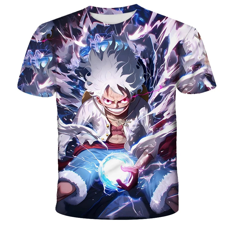 A loose-fit One Piece Luffy T-shirt featuring a cool cartoon Monkey D. Luffy graphic, designed for boys and men as casual anime streetwear.