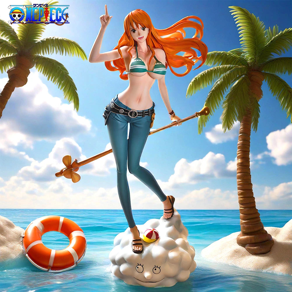 A vibrant 22cm One Piece Nami Figure featuring the Cat Burglar on a beach scene, perfect for anime collections.