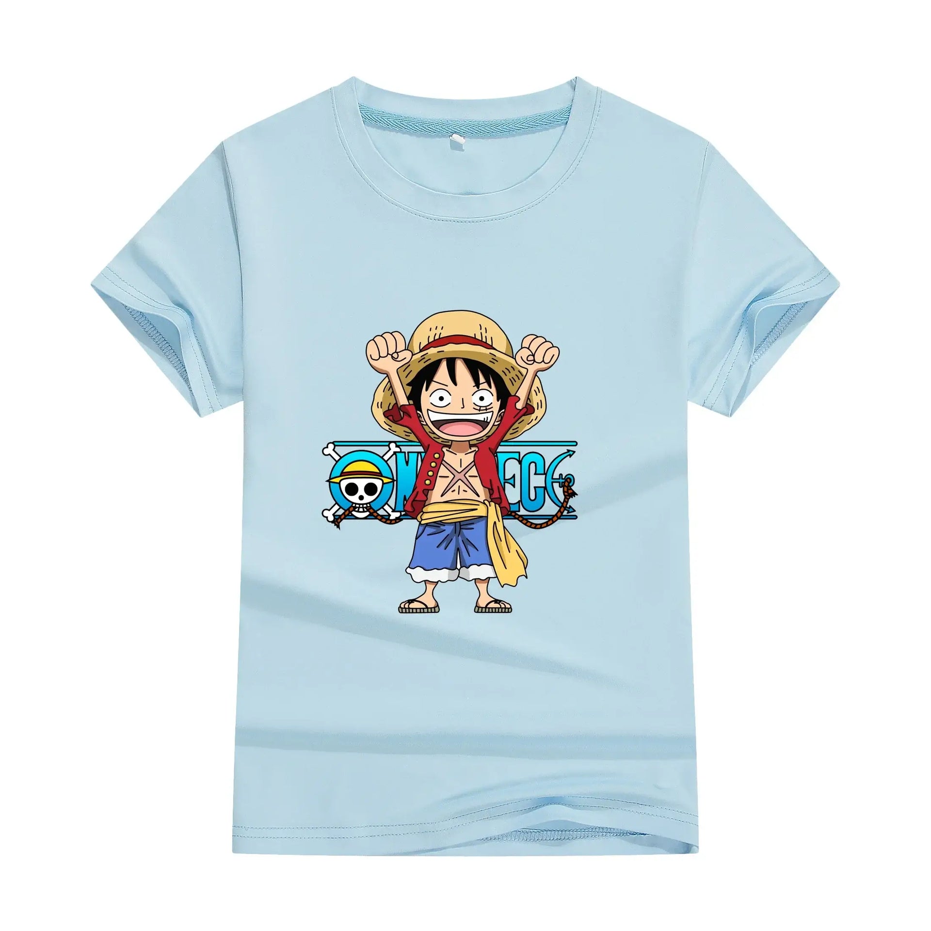 A cute unisex One Piece Anime Cotton T-shirt with a cartoon print, ideal as a summer fashion gift for boys and women.