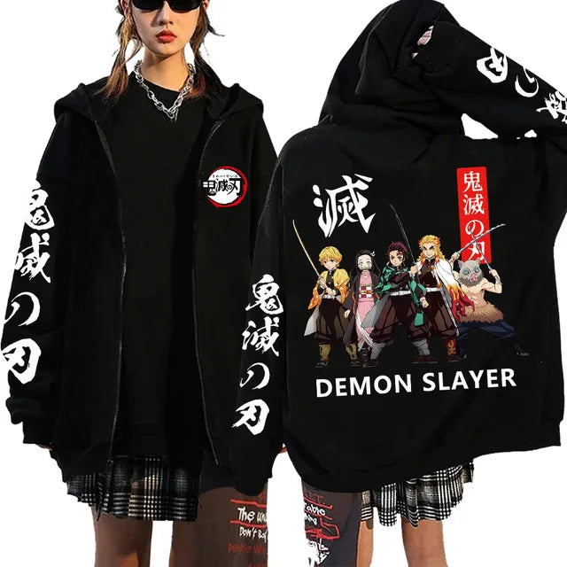 A Y2K style Demon Slayer Zip Up Hoodie featuring a Nezuko Kamado graphic, unisex hip hop streetwear for men and women.
