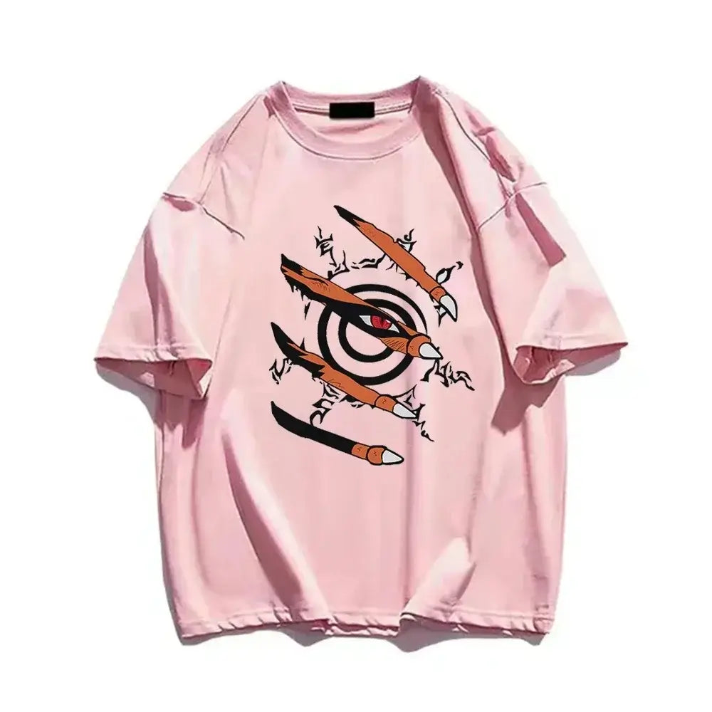A black Naruto Graphic T-Shirt featuring a 3D effect of the Nine-Tails Kurama claws tearing through the fabric to reveal the seal and red eye.