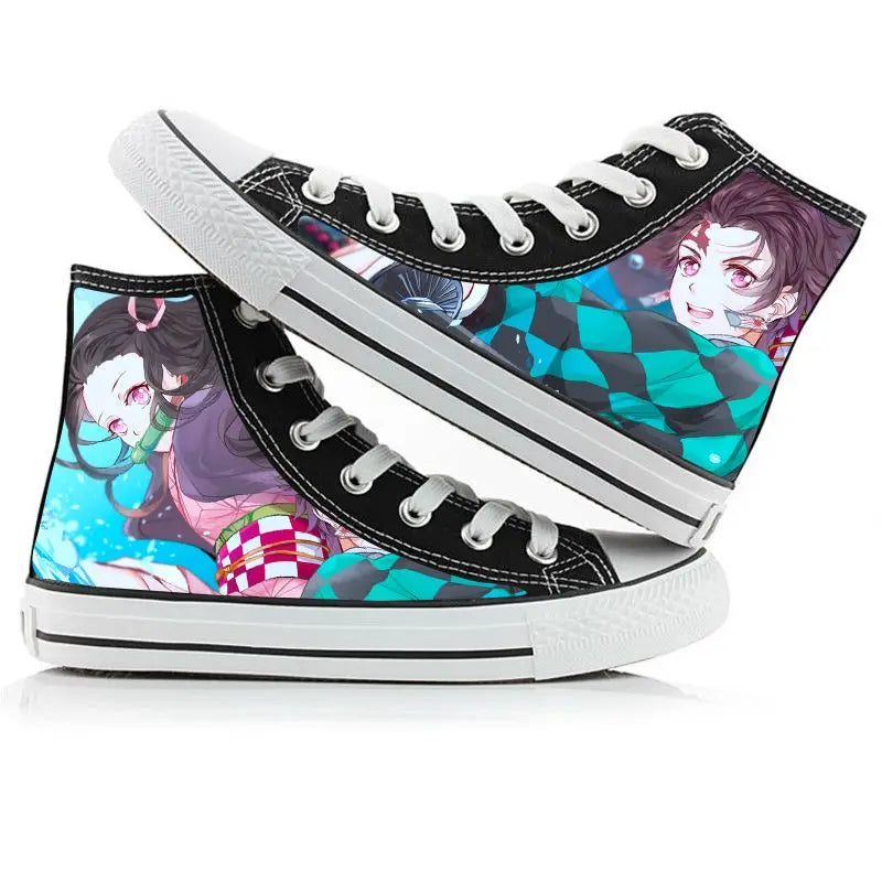 A pair of kawaii Anime Demon Slayer Canvas Shoes in a hand-painted high-top sneaker style for boys and girls.