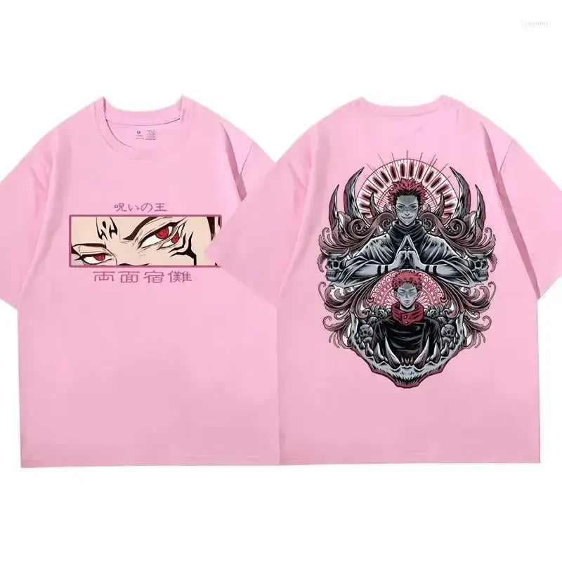 A 2026 loose-fit Ryomen Sukuna T-shirt featuring high-definition Jujutsu Kaisen manga graphic art on soft cotton for men and women.