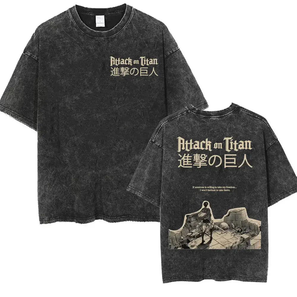 An oversized Attack on Titan Washed T-shirt featuring a vintage Levi Ackerman graphic, a stylish streetwear item for men and women.