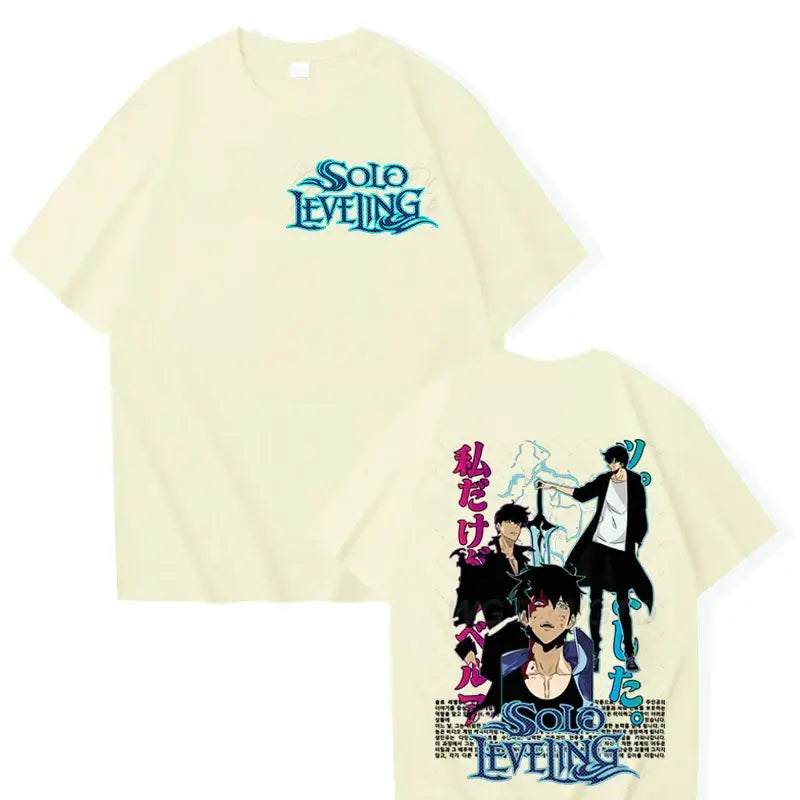 A cool black Solo Leveling T-shirt made of cotton, featuring a high-definition Sung Jinwoo anime graphic in Harajuku street style for men and women.