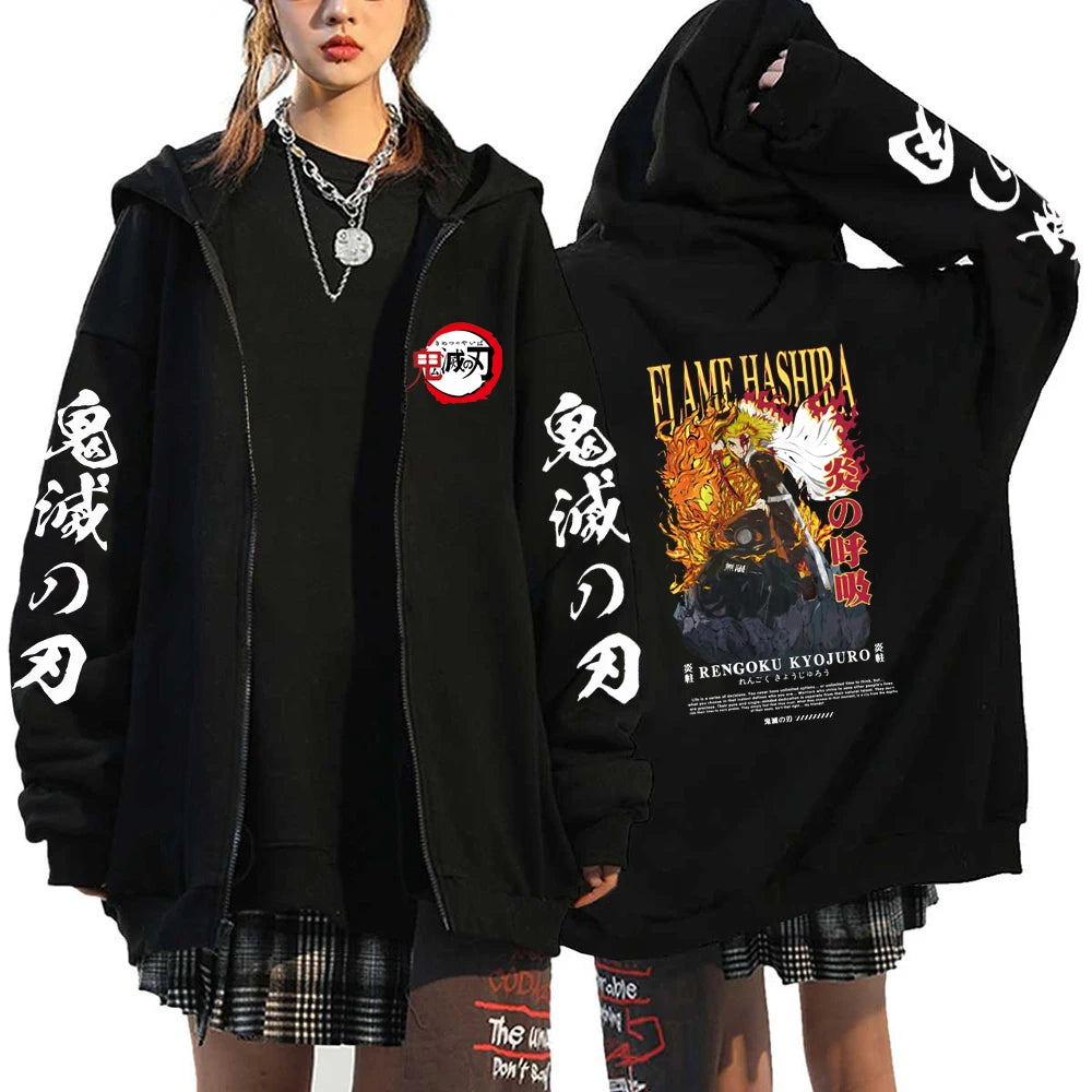 A Y2K style Demon Slayer Zip Up Hoodie featuring a Nezuko Kamado graphic, unisex hip hop streetwear for men and women.