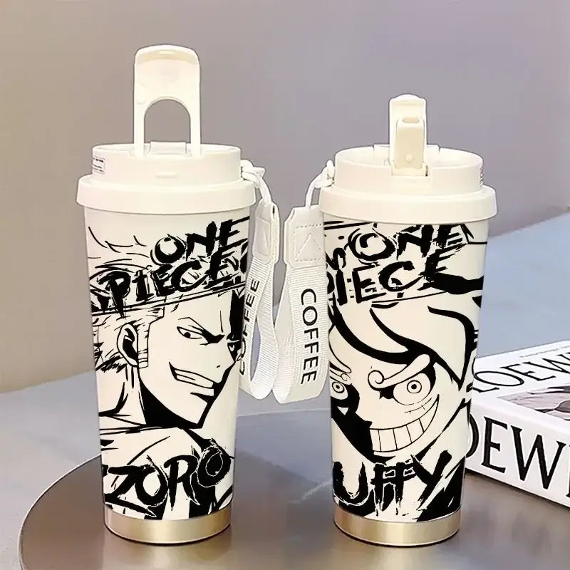 A 520ml One Piece Thermos Cup featuring anime figures Luffy and Zoro, designed as a large capacity coffee travel mug with a straw for outdoor sports.