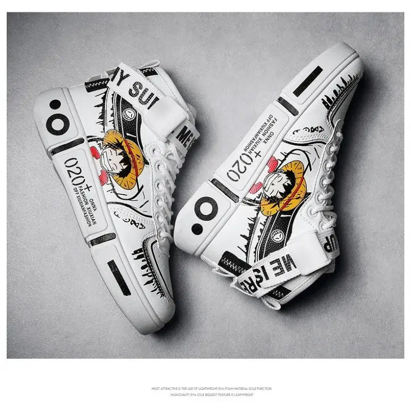 A pair of Anime One Piece Luffy High Top Shoes featuring Roronoa Zoro, designed as breathable, non-slip leisure sports sneakers for men and women.