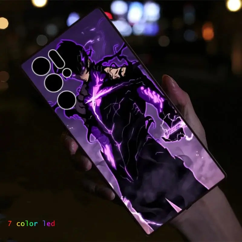 A Solo Leveling LED Phone Case for ZTE Nubia RedMagic featuring glowing Sung Jinwoo anime art that lights up.