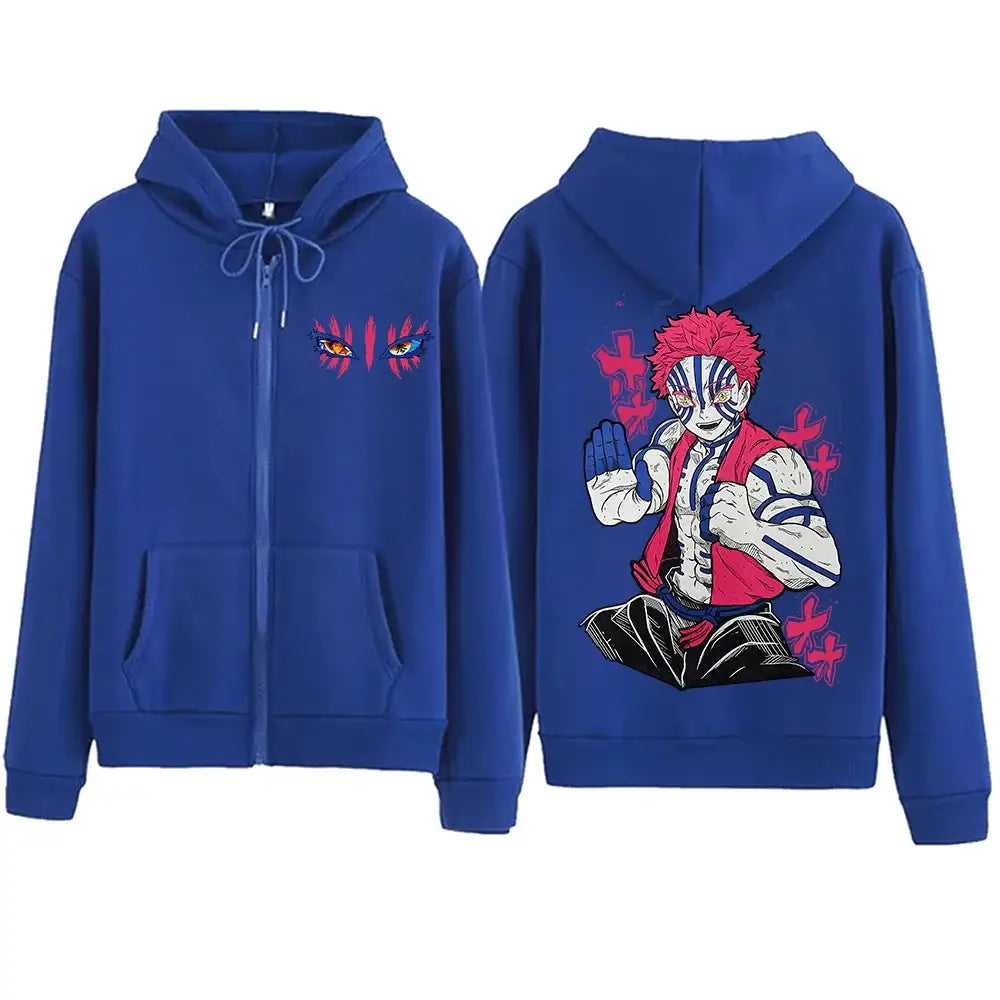 An oversized Harajuku Demon Slayer Akaza Hoodie for men and women, featuring a printed design of Akaza and the Infinity Castle.
