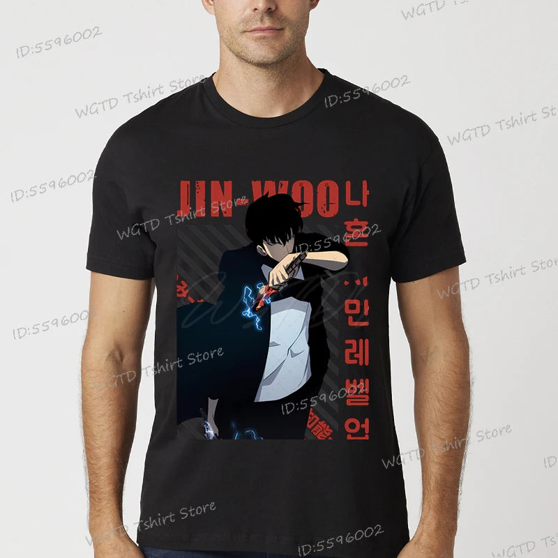 A vintage black Solo Leveling Anime T-Shirt featuring a funny Sung Jinwoo graphic print, available in sizes S to 4XL for men and women.