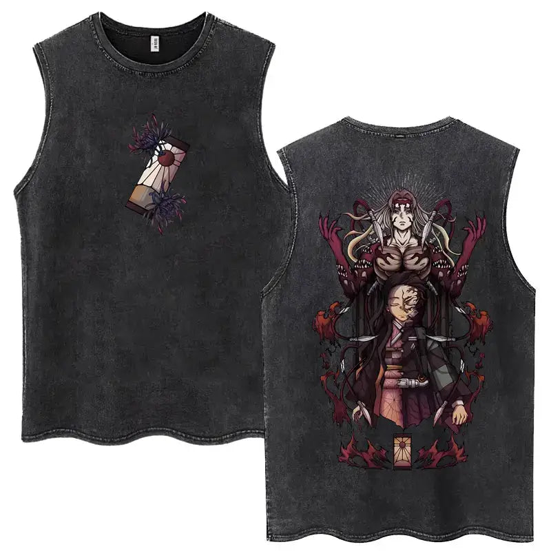 A washed retro Zenitsu Demon Slayer Tank Top featuring Agatsuma Zenitsu manga art, sleeveless cotton summer streetwear for men and women.