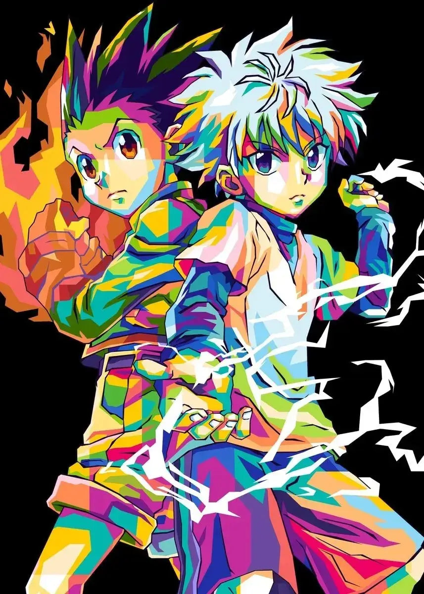 A retro style Hunter x Hunter Anime Poster printed on high-quality canvas featuring Gon and Killua, ideal for home decor and kids' bedrooms.