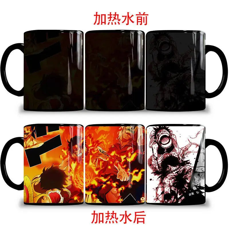A ceramic One Piece Color Changing Mug revealing Gear 5 Nika Luffy and Fire Fist Ace artwork when filled with hot liquid.