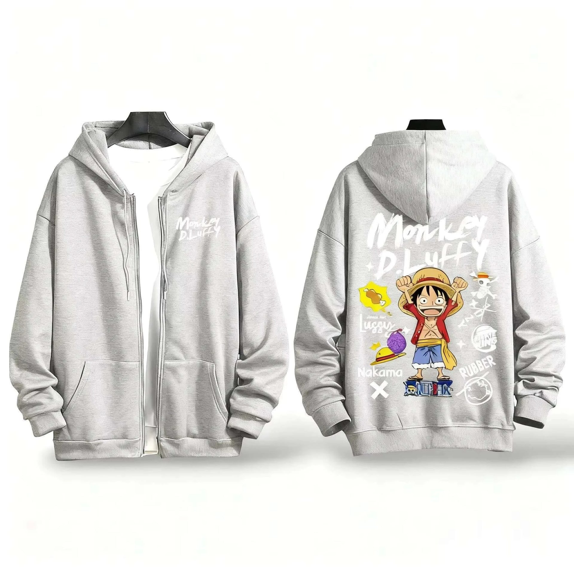 A warm, oversized One Piece Anime Zipper Hoodie in a Y2K style, suitable for men and women.