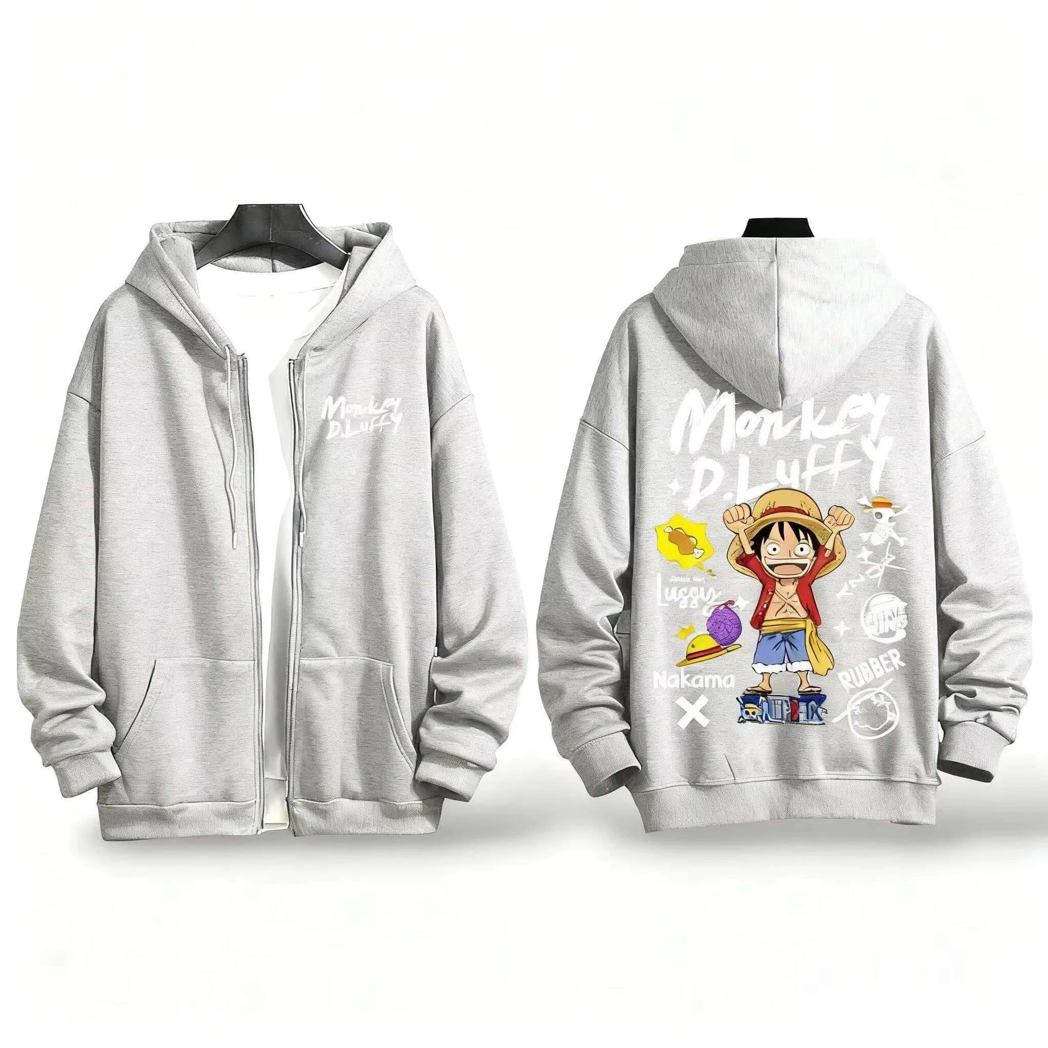 A warm, oversized One Piece Anime Zipper Hoodie in a Y2K style, suitable for men and women.