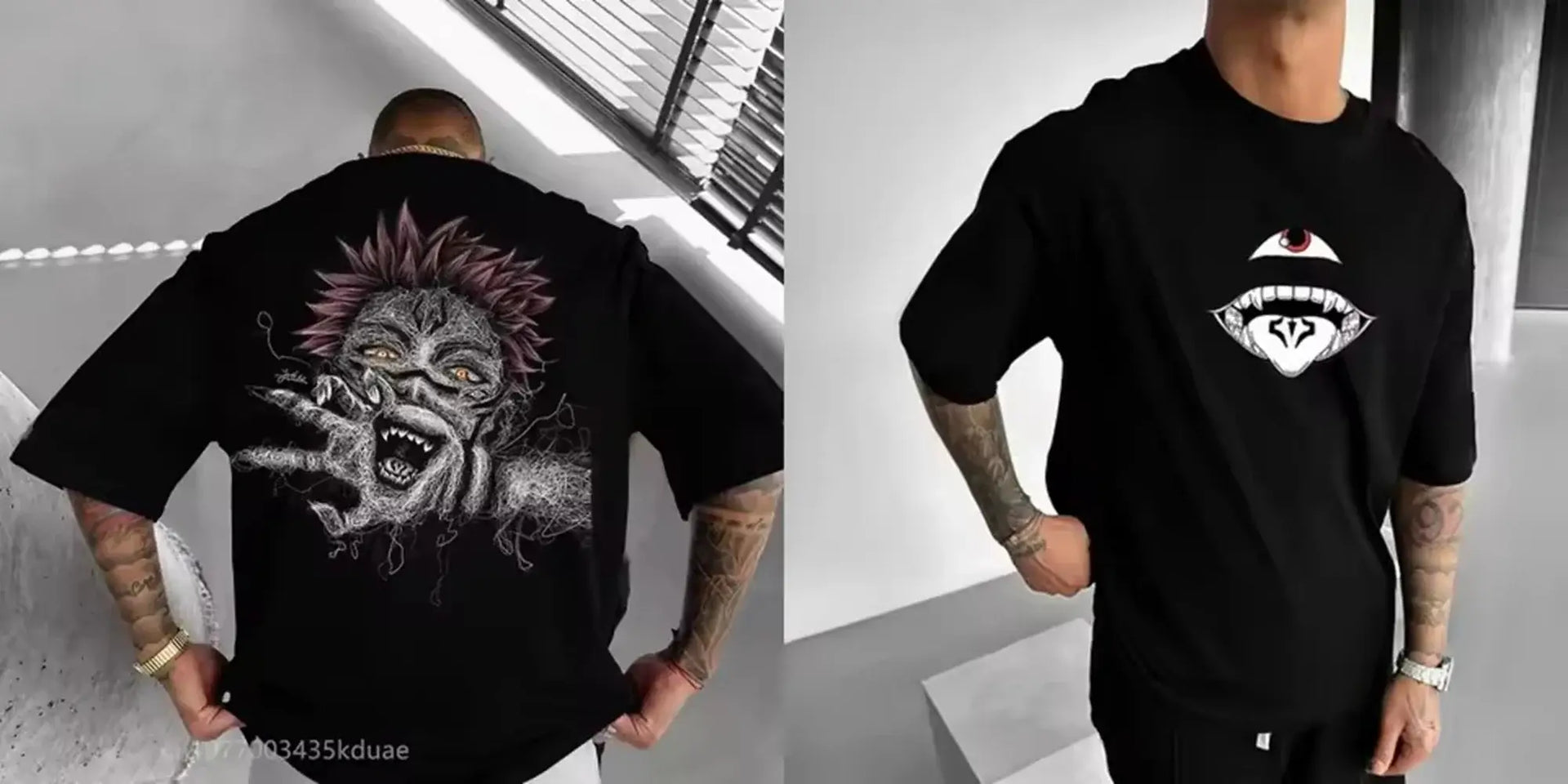 A black Jujutsu Kaisen T-Shirt for men featuring a high-definition anime graphic print, styled for casual streetwear.