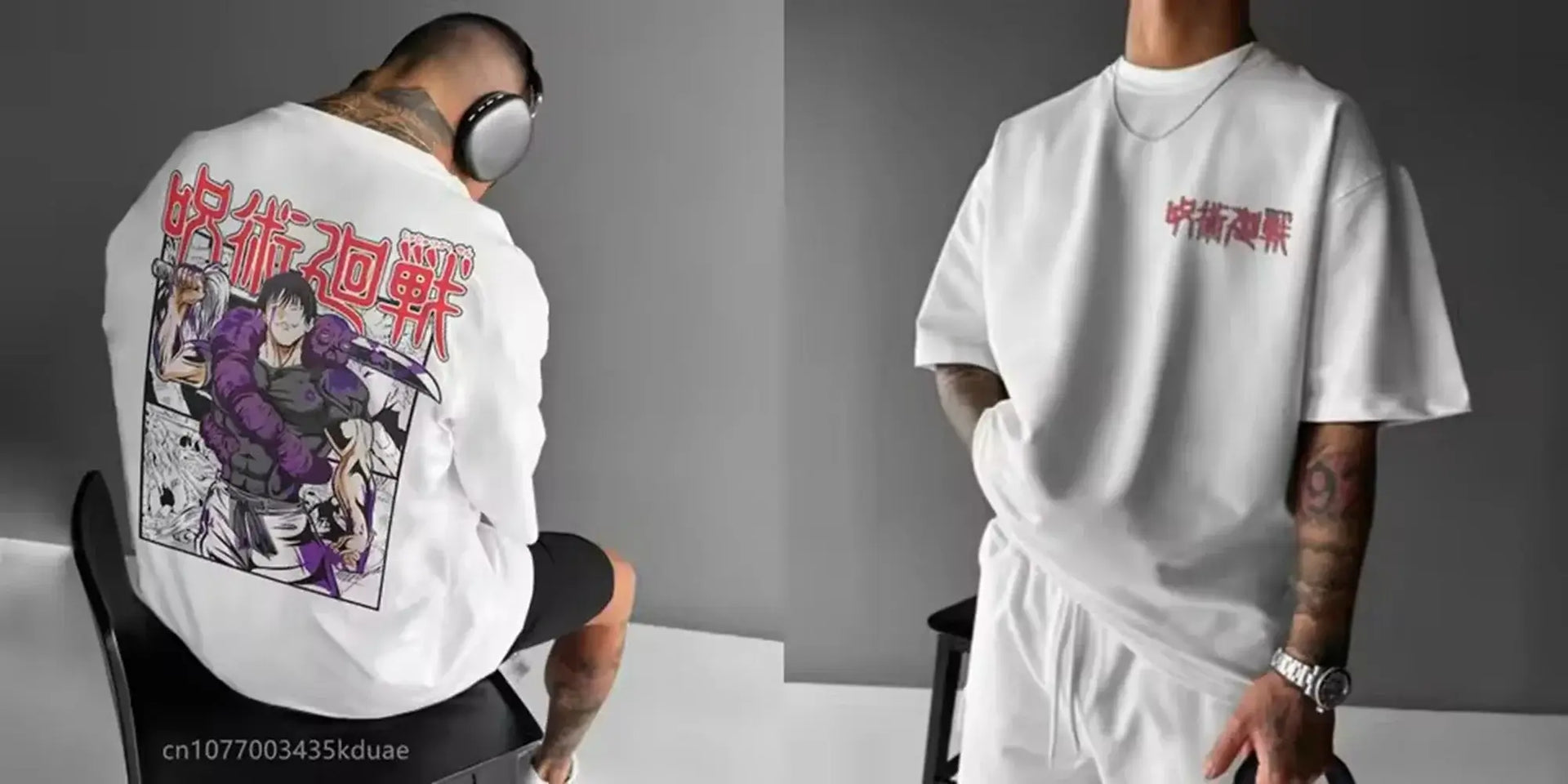 A black Jujutsu Kaisen T-Shirt for men featuring a high-definition anime graphic print, styled for casual streetwear.