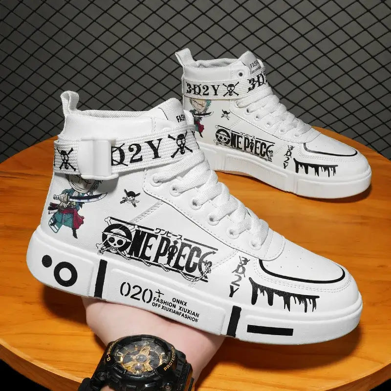 A pair of Anime One Piece Luffy High Top Shoes featuring Roronoa Zoro, designed as breathable, non-slip leisure sports sneakers for men and women.