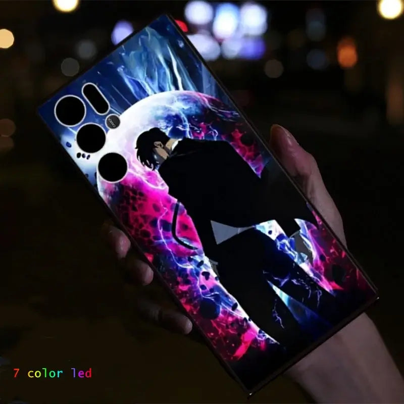 A Solo Leveling LED Phone Case for ZTE Nubia RedMagic featuring glowing Sung Jinwoo anime art that lights up.