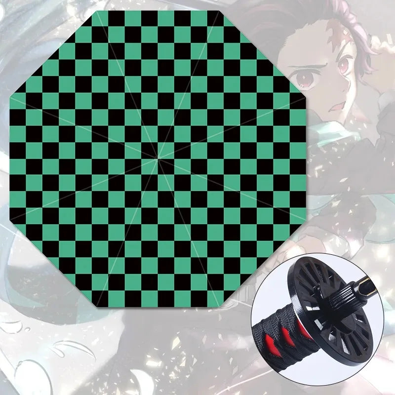 A black Tanjiro Katana Umbrella featuring a replica Nichirin sword handle and UV blocking canopy, inspired by the Demon Slayer anime.