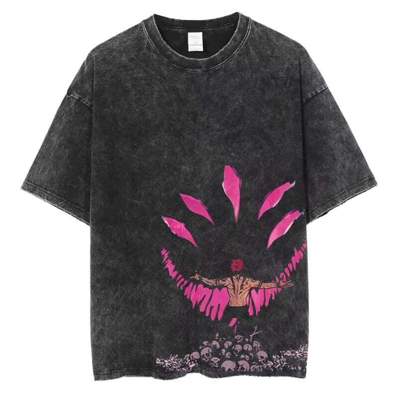 A vintage-style Ryomen Sukuna Washed T-Shirt in oversized cotton, featuring a high-definition graphic of the King of Curses for anime streetwear.