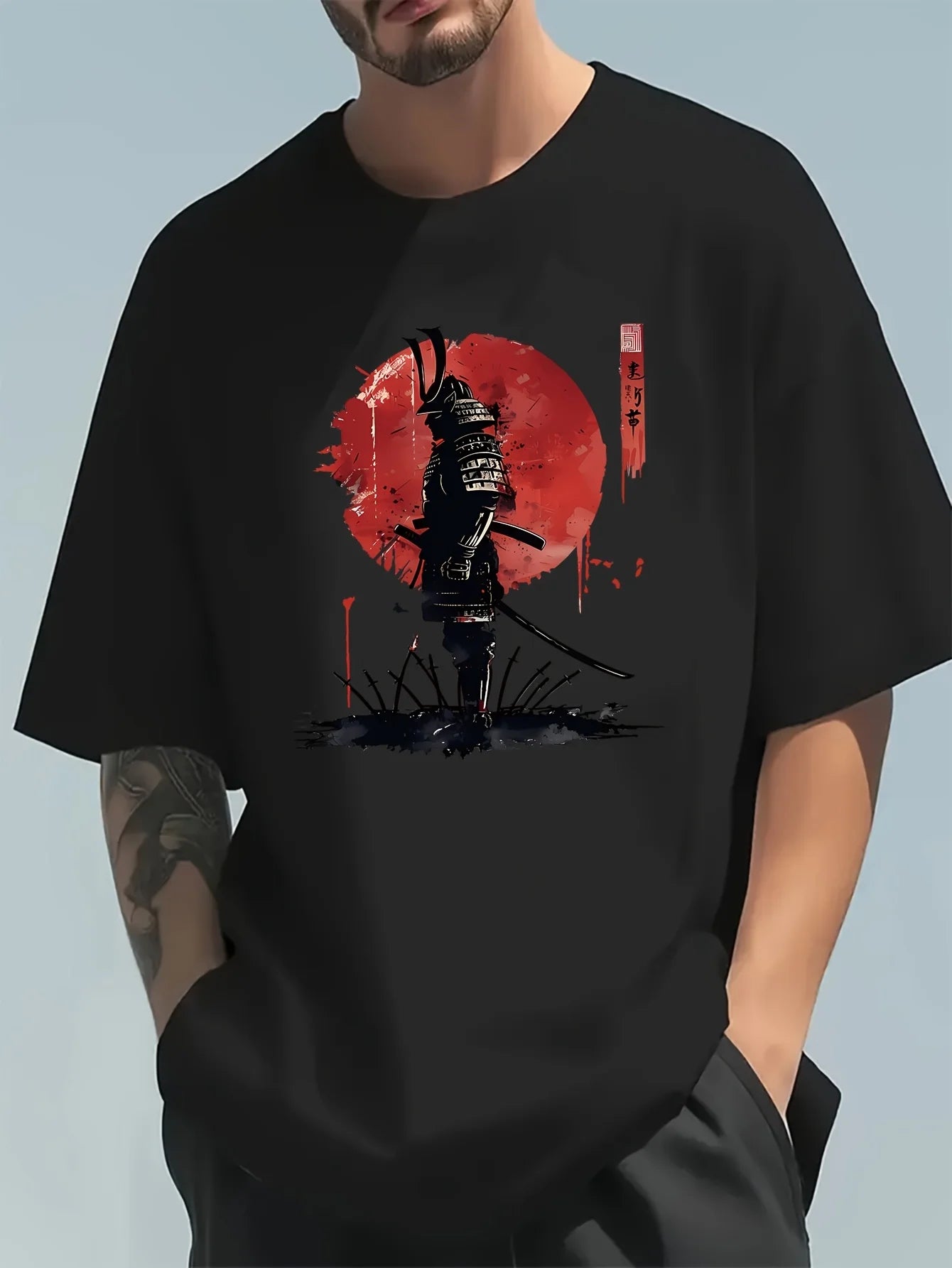Men's 100% cotton Japanese Samurai Pattern T-shirt with a fashionable casual loose fit for summer.