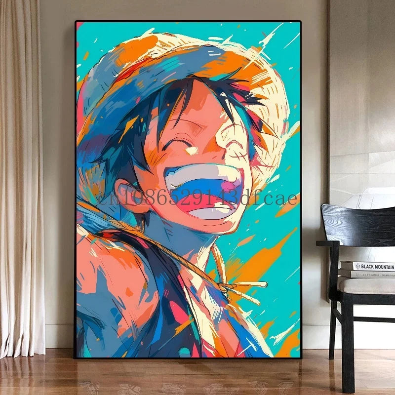 A high-quality One Piece Canvas Print featuring classic Japanese anime characters like Luffy, designed as unframed wall art for living room decoration.