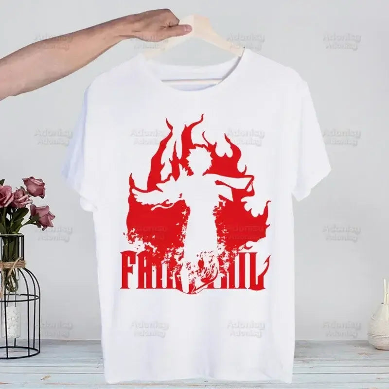 A hip hop style Fairy Tail T-shirt made of cotton featuring anime characters Natsu Dragneel and Lucy Heartfilia.