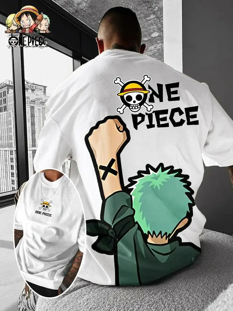 A fashionable One Piece Graphic T-Shirt in an oversized streetwear fit, featuring a high-quality anime print of Monkey D. Luffy and Roronoa Zoro.