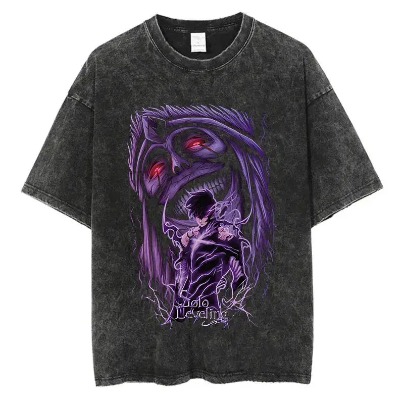 A trendy Solo Leveling Vintage T-shirt featuring a Sung Jinwoo graphic print, designed with a retro washed cotton finish for Harajuku streetwear.
