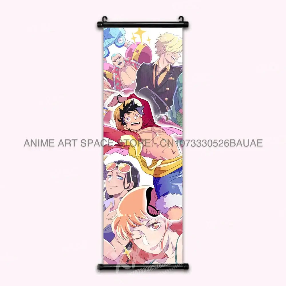 A vibrant One Piece Hanging Painting featuring anime characters Monkey D. Luffy, Portgas D. Ace, Sabo, and Shanks on a canvas scroll for home decor.