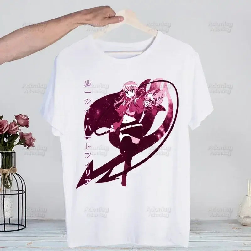 A hip hop style Fairy Tail T-shirt made of cotton featuring anime characters Natsu Dragneel and Lucy Heartfilia.