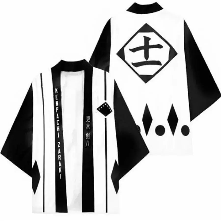 A stylish Bleach Cosplay Kimono cardigan featuring Kurosaki Ichigo and Kenpachi Zaraki designs, functioning as a Haori cloak for parties and cosplay.