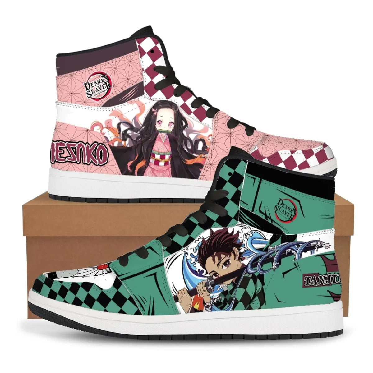High-top Demon Slayer Sneakers featuring Tanjiro Kamado and Nezuko Kamado anime designs, styled as fashionable basketball shoes for men and women.