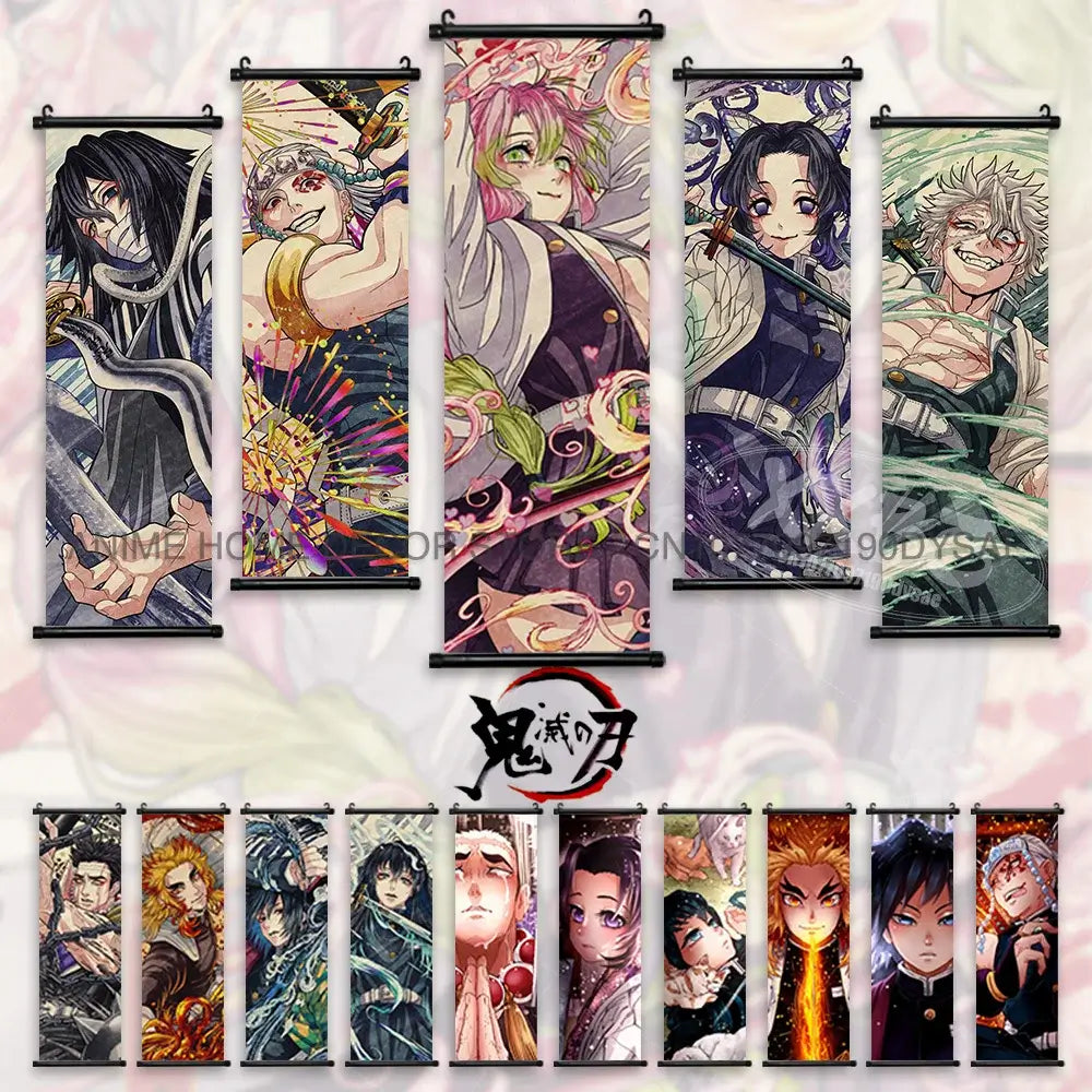 High-quality Demon Slayer Posters wall art scrolls featuring Hashira Kanroji Mitsuri, Iguro Obanai, and Tokitou Muichirou for home decor.