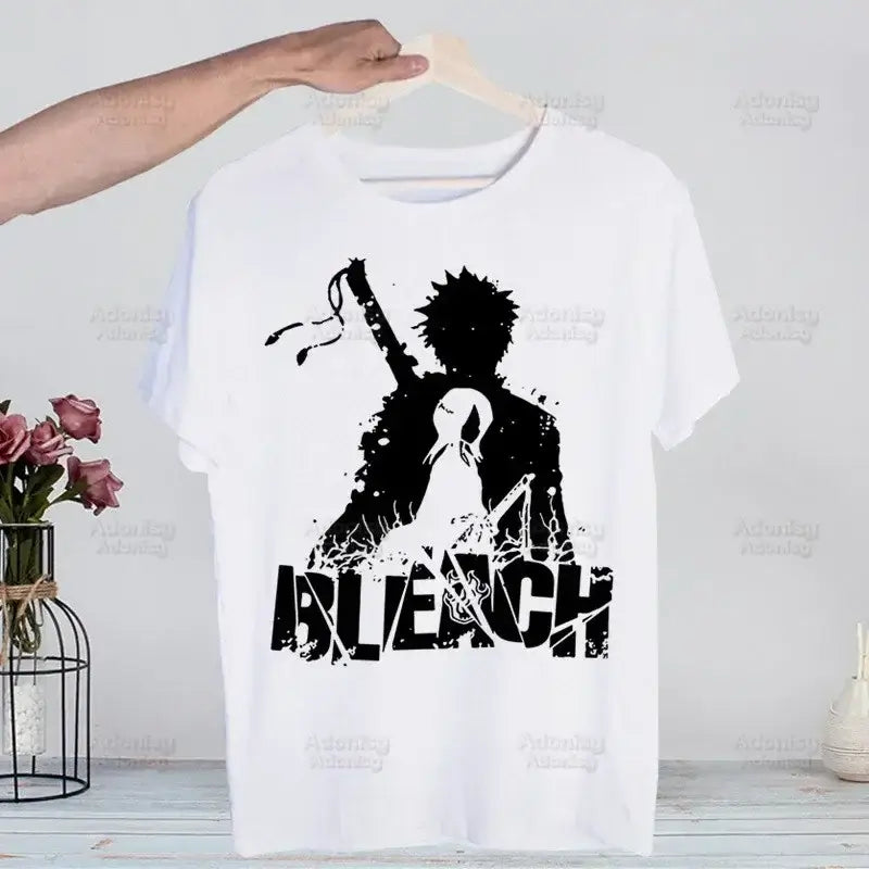 A men's Bleach Kurosaki Ichigo T-shirt in a funny Harajuku hip hop streetwear style for summer.