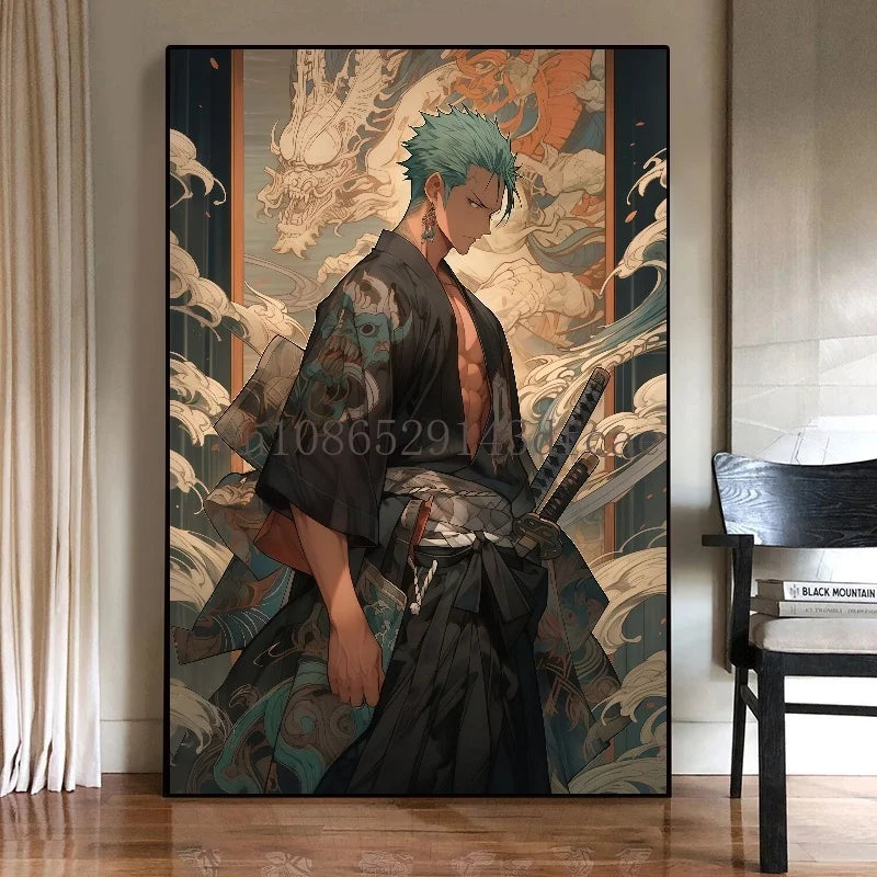 A high-quality One Piece Canvas Print featuring classic Japanese anime characters like Luffy, designed as unframed wall art for living room decoration.