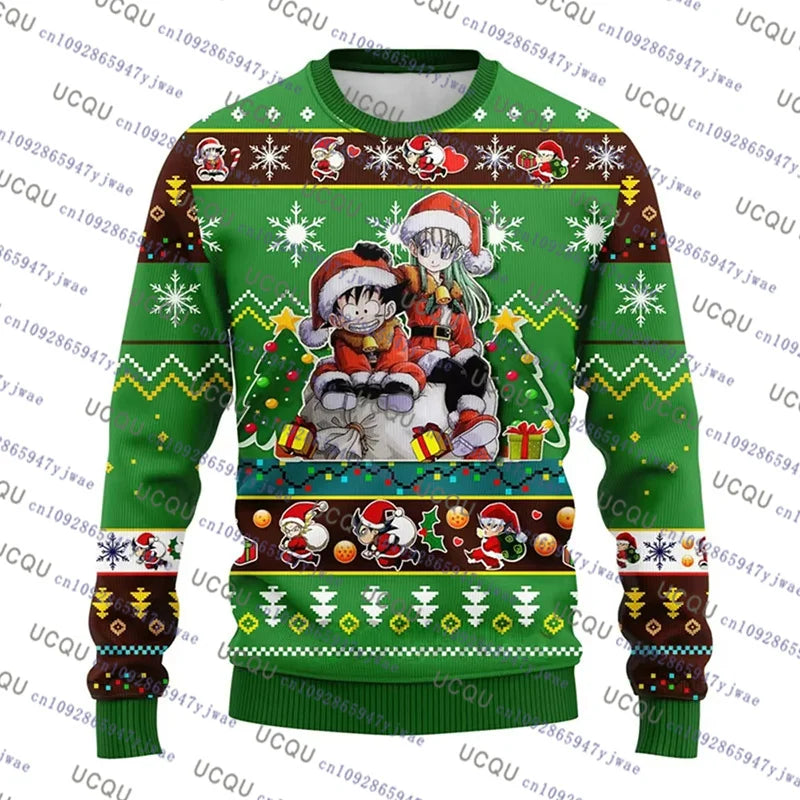 A festive Christmas Dragon Ball Hoodie featuring Goku and anime graphics, designed as an oversized autumn winter pullover for men and women.