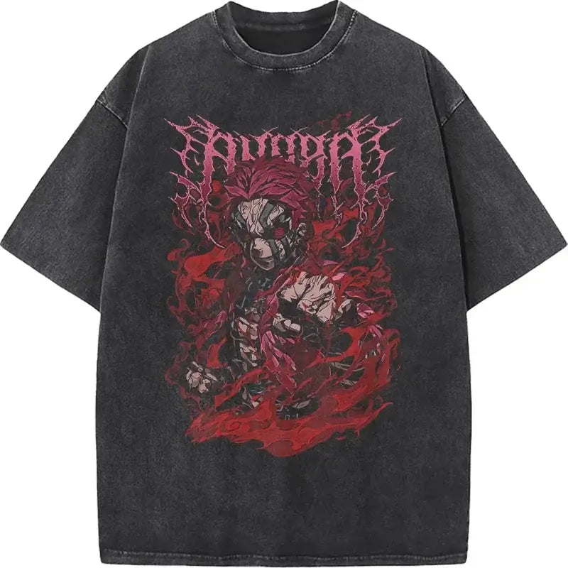 A popular Washed Vintage Akaza T-shirt with a Demon Slayer manga graphic in an oversized style for men.