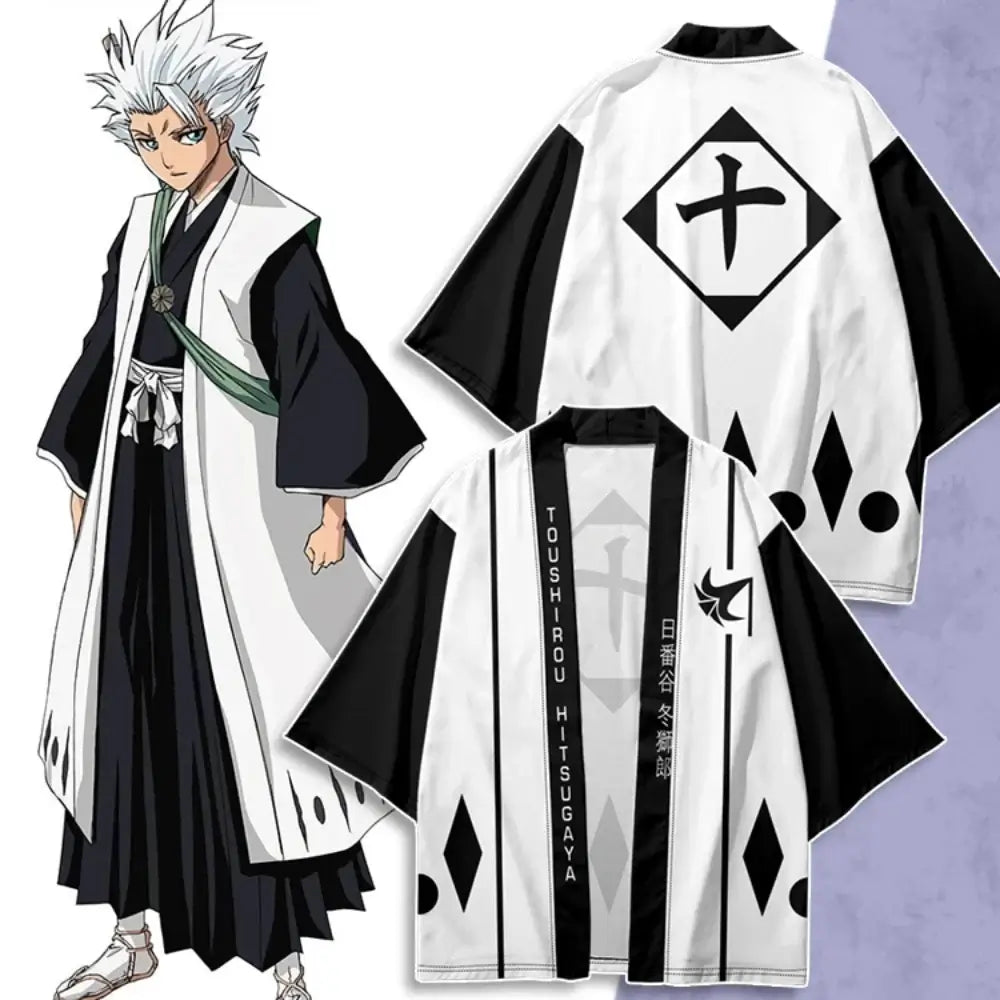 A stylish Bleach Cosplay Kimono cardigan featuring Kurosaki Ichigo and Kenpachi Zaraki designs, functioning as a Haori cloak for parties and cosplay.