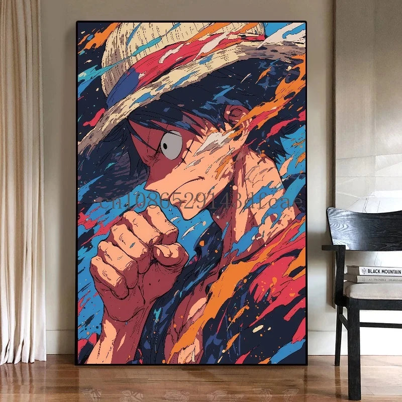 A high-quality One Piece Canvas Print featuring classic Japanese anime characters like Luffy, designed as unframed wall art for living room decoration.