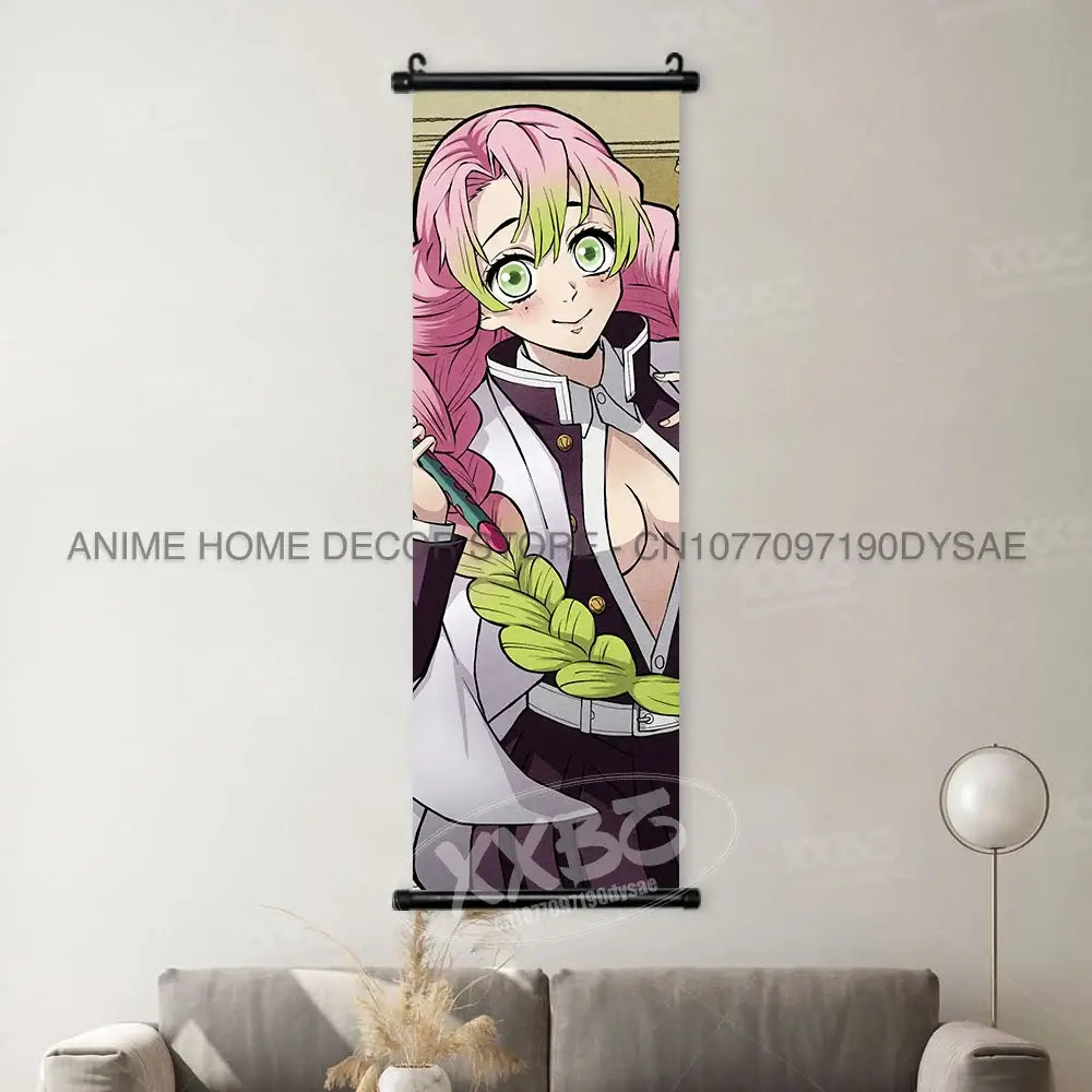 High-quality Demon Slayer Posters wall art scrolls featuring Hashira Kanroji Mitsuri, Iguro Obanai, and Tokitou Muichirou for home decor.