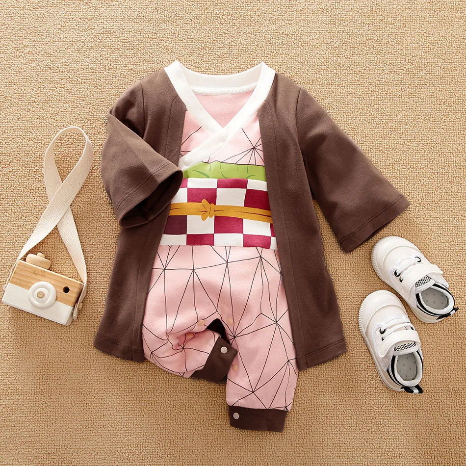 A newborn infant wearing the Baby Anime Costume, a cosplay jumpsuit available in Luffy, Akatsuki, and Vegeta styles.